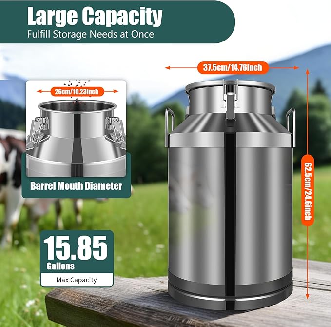 Commercial 60L (15.85 Gal) Stainless Steel Milk Can - Airtight Anti-Leak Storage Container for Raw Milk, Brewing, Wine, Water - Heavy Duty Utility Pail for Farm, Dairy, Cheese Making