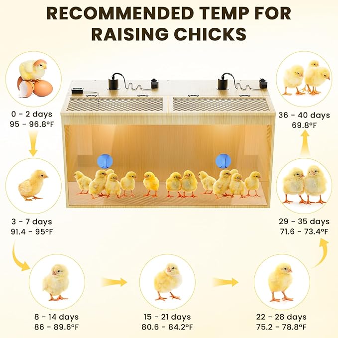 Brooder Box for Chicks, 32 Inch Large Wooden Chicken Brooder Box with 75W Heat Lamps, Thermometer, Chicken Feeder & Waterer Set, Tin Foil, Ideal for 12-15 Newborn Chicks Ducks Quails, Large