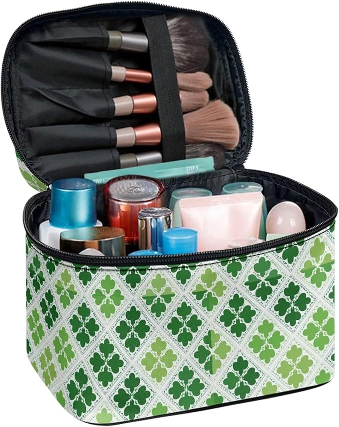 Travel Makeup Bags for Women Portable Tote Cosmetic Case with Carry Handle Toiletry Accessories Storage Organizer Bags for St. Ptrick's Day, Shamrock Grids Green