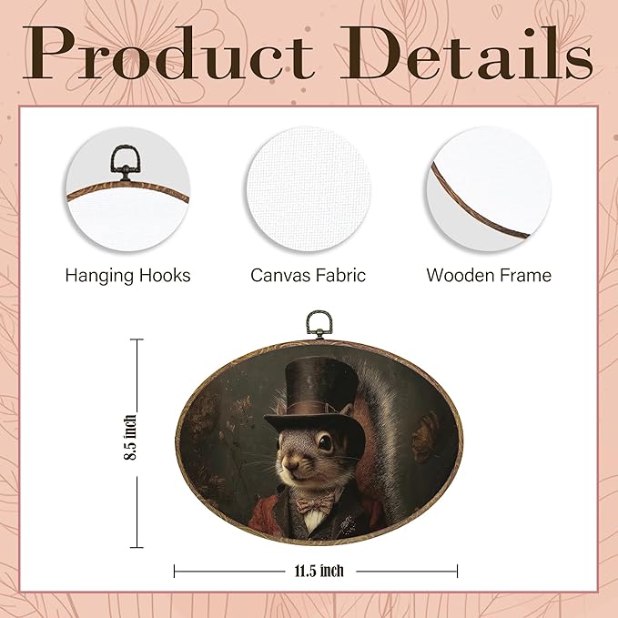 Hxlac Victorian Squirrel Rectangular Wall Art Framed, Vintage Victorian Style Animal Rectangular Wall Decor, Autumn Squirrel Hanging Canvas Prints Wall Sculptures for Farmhouse Home Room Decor, 11.5x8.5 Inch