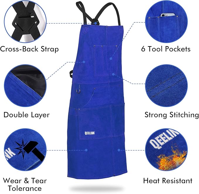 QeeLink Leather Welding Work Apron with 6 Tool Pockets, Heat & Flame Resistant Welder Aprons, 24" x 36", Adjustable M to XXXL