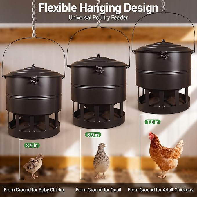 Metal Hanging Chicken Feeder No Waste, Rain-Proof Automatic Chicken Feeders, No-Spill Poultry Feeder, Rat Proof Gravity Chicken Feeder with 12 Ports for Farm & Backyard Chicken Coop