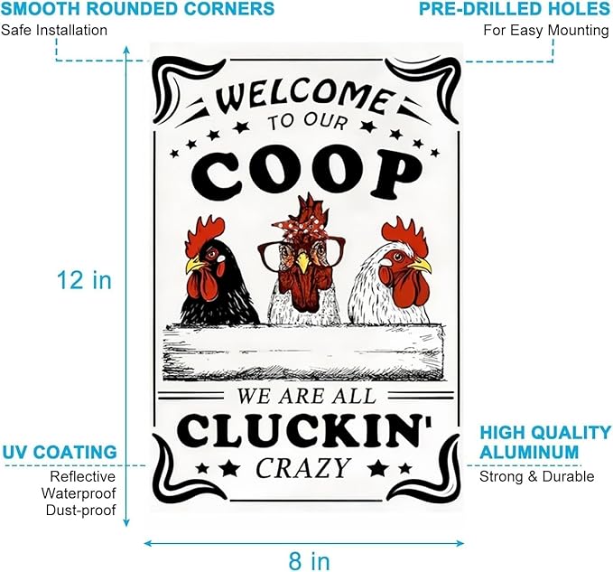 Funny Chicken Sign – Retro Tin Sign for Coop, Farmhouse, or Kitchen Wall, Cute Farm Animal Decor for Chicken Lovers, 12x8 Inch
