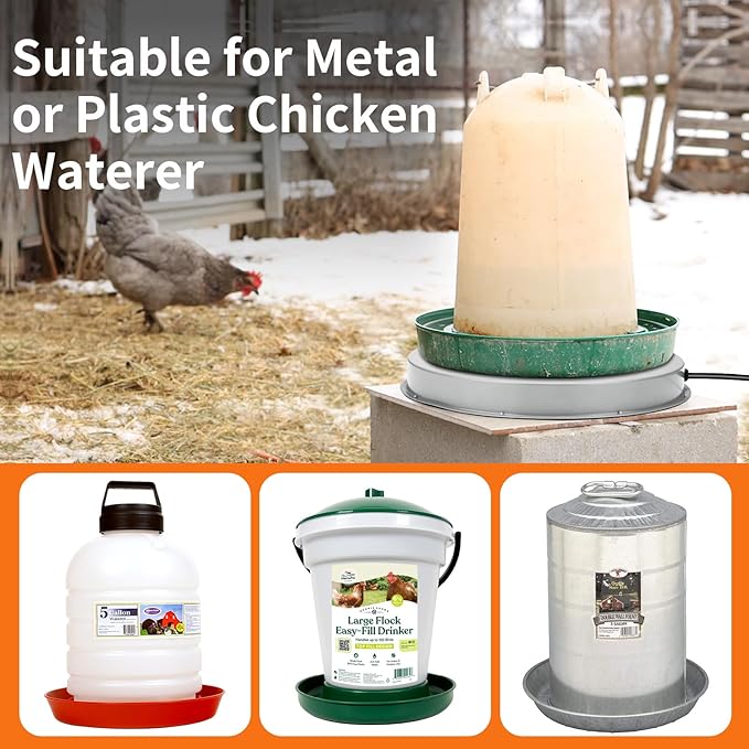 Chicken Water Heater for Winter: 11+14.6 Inch Chicken Water Heater Base, 77℉ Automatic Shut-Off, Safe for Outdoor Use, 125W Heated Chicken Waterer, Poultry Water Deicer with 6 Feet Cord