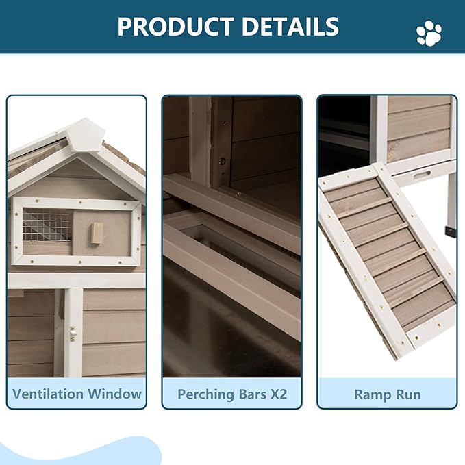 Chicken Coop Chicken House Outdoor with Removable Trays, Wooden Rabbit Hutch Poultry Cage with Nesting Box, Indoor Hen House Chicken Cage with Ramp for Garden Backyard (36.2"L x 26"W x 38.3"H)