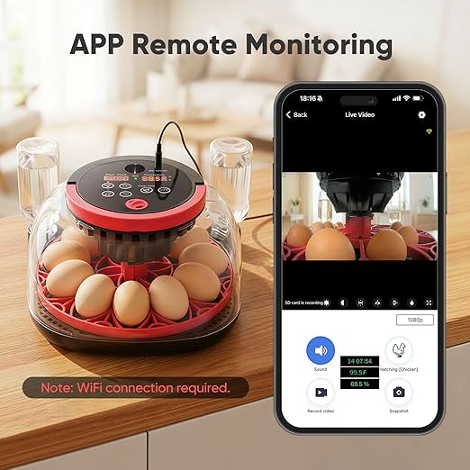 Incubators for Hatching Eggs, 12 Egg Smart Incubator with 1080P Camera & App Control, One-Click Incubation for Chicken Quail Duck, Auto Egg Turner, External Water Refill, Egg Candler