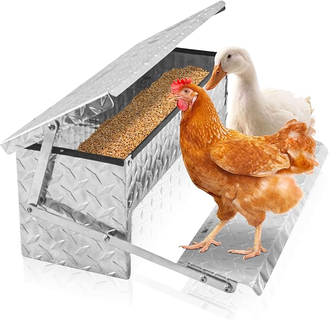 Treadle Chicken Feeder Automatic Large Poultry Feeders Capacity Treadle Self Opening Pou with Weatherproof Lid Rain Cover for Roosters Pheasant Chicken Outdoor Coop Silver Full Aluminum(18lbs/5000g)