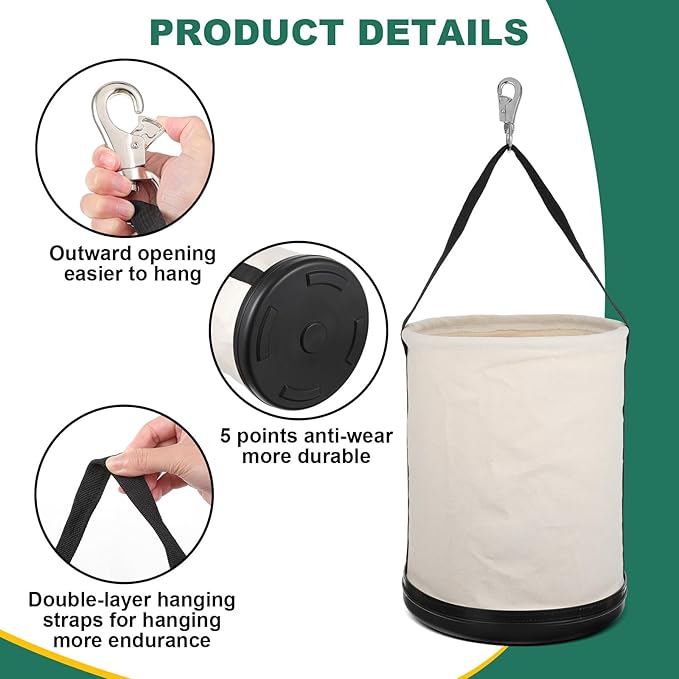 Utility Canvas Bucket 15" x 12" All Purpose Truck Tool Bucket Bag Organizer with Plastic Bottom Metal Hook for Store Work Tool Accessory, Load Capacity up to 150 Lbs