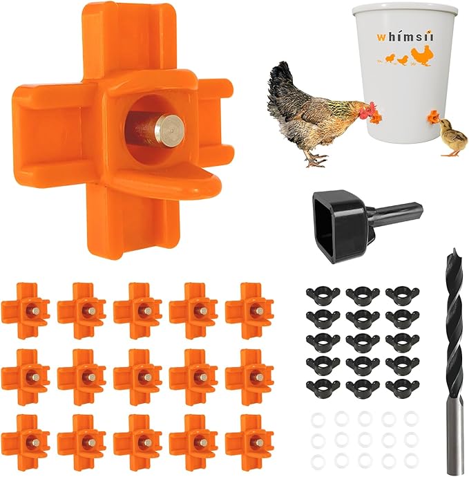 Chicken Waterer Nipples, Pack of 15 (Orange), Horizontal Side Mount, Anti-Leak Automatic Water System for Poultry, Suitable for Chickens, Duck, Quail, Includes Drill Bit & Installation Tool
