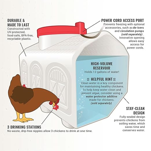 OverEZ Automatic Chicken Waterer with No Spill System, Outside and Inside Poultry Drinker, Large 12 Gallon High Capacity Drinking Bottle Dispenser for Hens