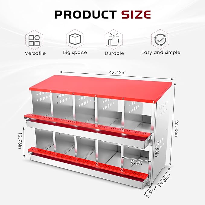 Nesting Box for Chickens, Roll Away Chicken Nesting Boxes with Easy Egg Collection Heavy Duty Metal Laying Box for Hens - 10 Compartment