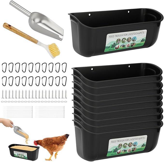 10 Pack Fence Feed Feeder 4.5 Quart Hanging Chicken Feeder Trough with Brush & Scoop Black Goat Hanging Fence Feeders Feeder with Hooks Screws & Zip Tie for Livestock Feeding Container Goats Supplies