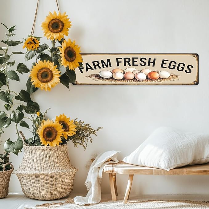 Rustic Chicken Coop Decorative Sign - ''Farm Fresh Eggs' Metal Sign, 16x4 Inch - Farmhouse Art Plaque Sign For Home, Hen House, Yard, Bar or Cafe, Store Hanging Decor, Room Decor