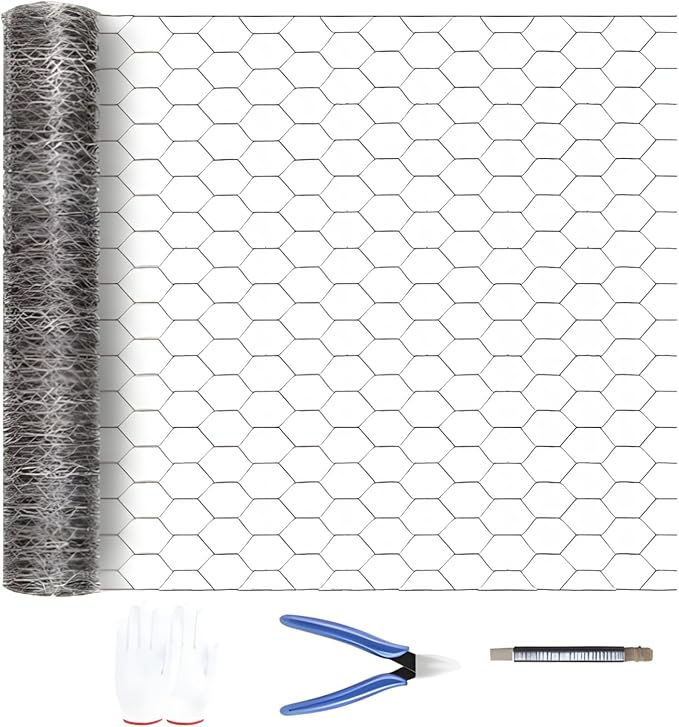 Hexagonal Wire mesh Chicken coop Fence, No. 20 Metal, mesh Size 1.3 inches, hot-dip Galvanized Corrosion-Resistant Steel Wire, Includes Gloves, Wire, and Pliers (Silver, 60inch X 99FT)