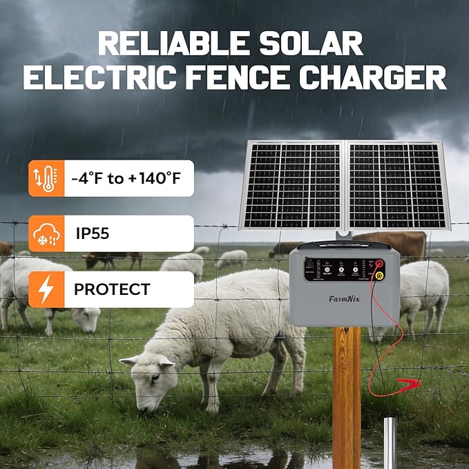 6-12KV Adjustable Output Solar Charger,30 Miles Solar Electric Fence Charger,1.5J Solar Fence Charger,15W Solar Powered Electric Fence Kit for Livestock,24H Uninterrupted Protection