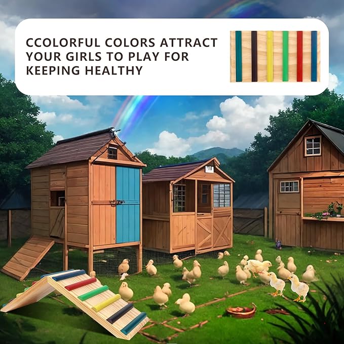 Rainbow Chicken Perch and Ramp Trainer, 2 in 1 Sturdy Wooden Chicken Roosting Bar, Baby Chick Toys for Brooder, Chicken Coop Accessories, for Small Animal, No Assemble