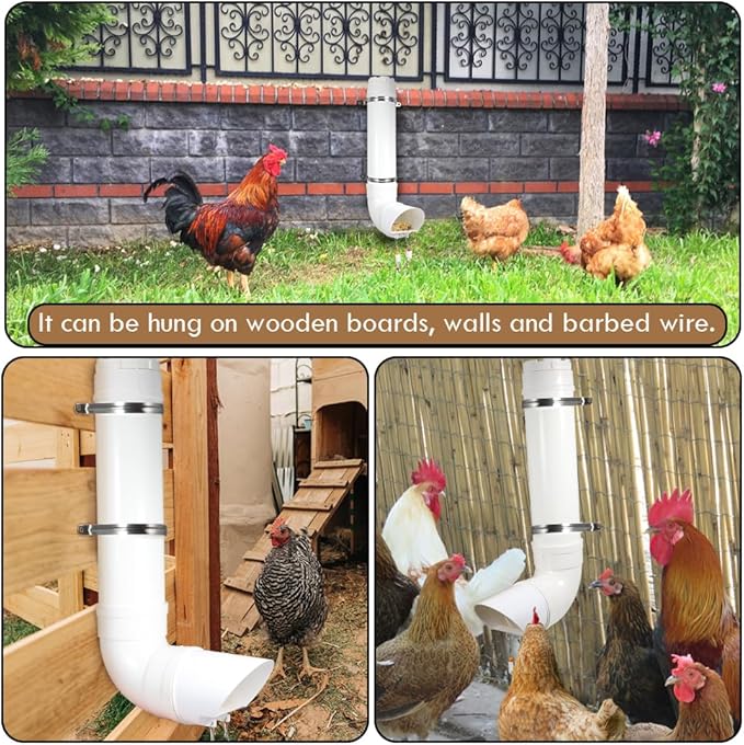 Kalakey Automatic Chicken Feeder, Hanging PVC Tube Chicken Coop Feeder with Chew Toy Bell, Holds 6lbs Feed for Hens Chicks, Grit and Oyster Shell Feeder