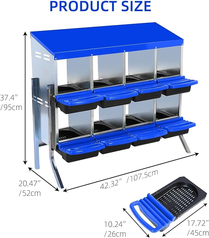 [8-Pack] Chicken Nest Box for Hens - Galvanized Steel Wall-Mounted or Freestanding Chicken Nest with Ventilation Holes - Poultry Nest Box with Legs for Egg Laying (Blue)