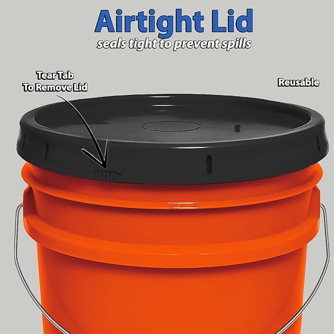5-Gallon Bucket with Airtight Lid – Made in USA, Food Grade BPA Free Plastic, Heavy Duty Multi-Use, Metal Handle with Grip, Stackable Storage – Orange, 6 Pack