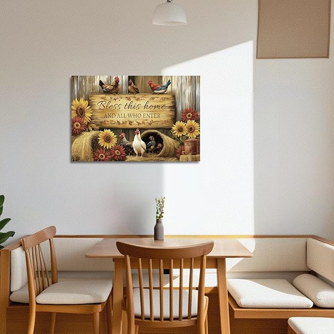 YMXDYMJSW Rooster Canvas Wall Art Chicken with Sunflower Pictures Farm Animal Prints Chicken Coop Paintings Inspirational Quotes Artwork for Kitchen Decor Frame (Red,16L x 20W)