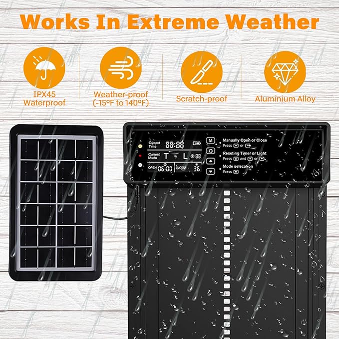 Solar Powered Automatic Chicken Coop Door,Solar Chicken Coop Door with Remote Control, LCD Display Automatic Chicken Door Function with Timer, Light Sensor, Anti-Pinch,Made of Aluminum Alloy and ABS