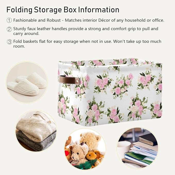 JIPONI Watercolor Pink Roses Fabric Storage Bins for Shelves, Decorative Storage baskets for organizing, Closet Organizer with Handle for Cloth, Toys, Bedrooms