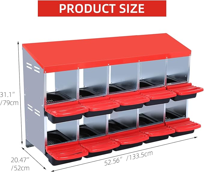 Chicken Nesting Box, 8/10 Compartment Nesting Box, Metal Roll Away Nest Box with Removable Tray & Lid Cover for Chickens Laying Egg to Protect Eggs, 10-Compartment Without Leg (Red)