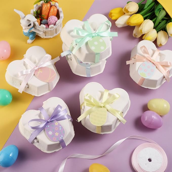 24 Pcs Easter Egg Cartons White Heart Shaped Egg Holder Natural Pulp Paper for Chicken Eggs with Macaron Color Label Ribbon for Easter Gift, Arts and Crafts Reusable Mini Egg Cartons