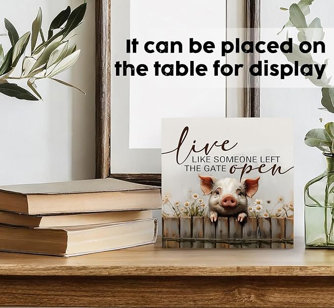 Pig Signs - Farm Cottagecore Animal Office Kitchen Bedroom Decor,Rustic Farmhouse Live like Someone Left the Gate Open Home Decor Wooden Signs,Pig Gifts for Women,8x8