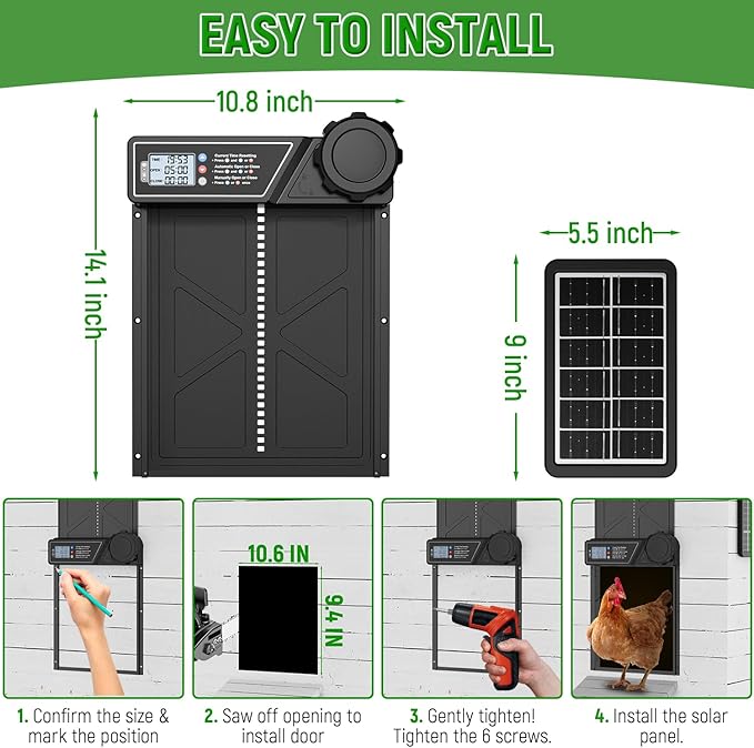 Automatic Chicken Coop Door Solar Powered, LCD Display Automatic Chicken Door with Timer, Aluminum Chicken Door with Remote Control