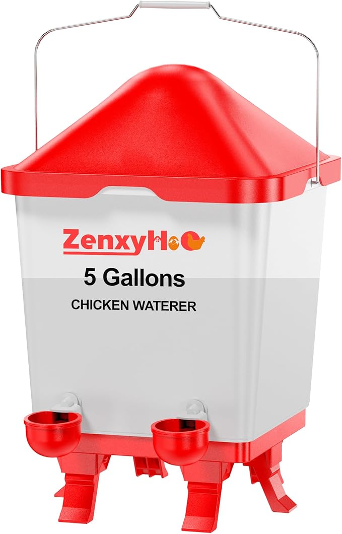 5.0 Gallons Chicken Waterer Bucket with 4 Waterer Cups, Adjustable Heights and Anti Roost Cone