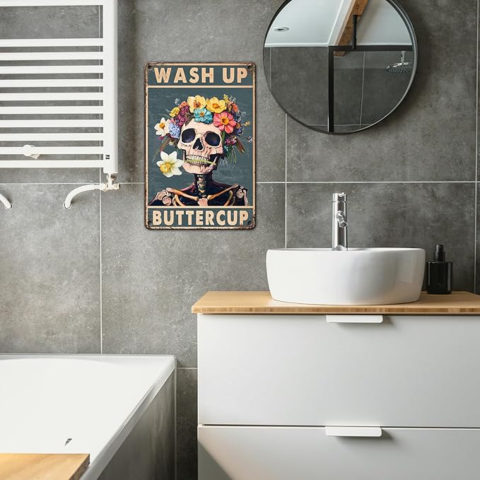 Skeleton Metal Sign Wash Up Buttercup Funny Skull Vintage Tin Sign for Wall Art Decor Home Bathroom Toilet Decoration 8x12inch