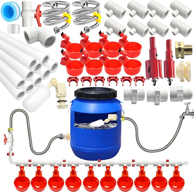 Automatic Chicken Waterer System Kit with Chicken Water Cups Nipples Float Valve Pipeline 58 PCS Complete Set Chicken Water Feeder Dispenser Large Chicken Watering System PVC Poultry Waterer Drinker