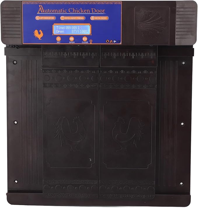 Automatic Chicken Coop Door Opener, Intelligent Double Open with Timer LED Display Solar Powered, with Anti Pinch Function, for Chickens Ducks Geese Poultry (Dark Brown)