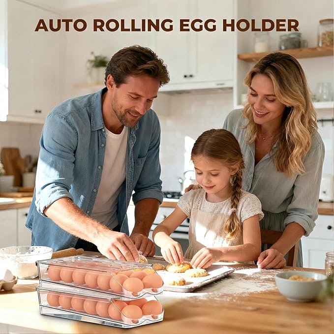 Egg Holder for Fridge,Automatic Rolling Egg Container for Refrigerator,Clear Stackable Egg Organizer with Removable Lid for Fridge Organizers and Storage,2 pack
