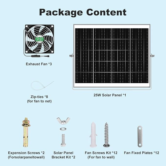 Solar Chicken Coop Fan 3 Kit, 25W Solar Powered Greenhouse Fan Outdoor Waterproof, Solar Exhaust & Intake Fans, Strong Airflow for Outside Shed Dog House Air Circulation Ventilation Cooling