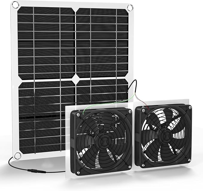 WININMETA Solar Powered Fan, 25W Solar Fan for Chicken Coop, Solar Exhaust Fan for Greenhouse, Shed, Pet Houses, Outside with Two 5In IP65 Waterproof Fans, 10Ft Cable, On/Off Switch, Intake or Exhaust