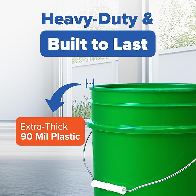 5 Gallon Bucket Only | Made in USA | Food Grade | Durable 90 Mil All Purpose Pail | BPA Free | Premium HPDE | Easy Stack and Store | Lids Not Included (Green, 3)