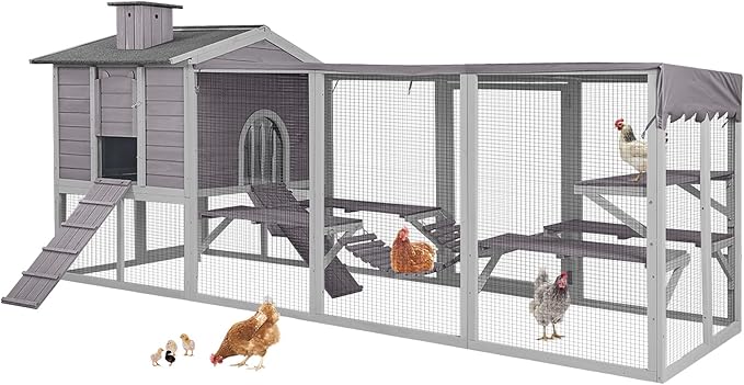 Large 2-Story Wooden Chicken Coop with Weatherproof Run & Canopy - Spacious Hen House for 6-8 Chickens, Rabbits, Ducks - Easy-Clean Design