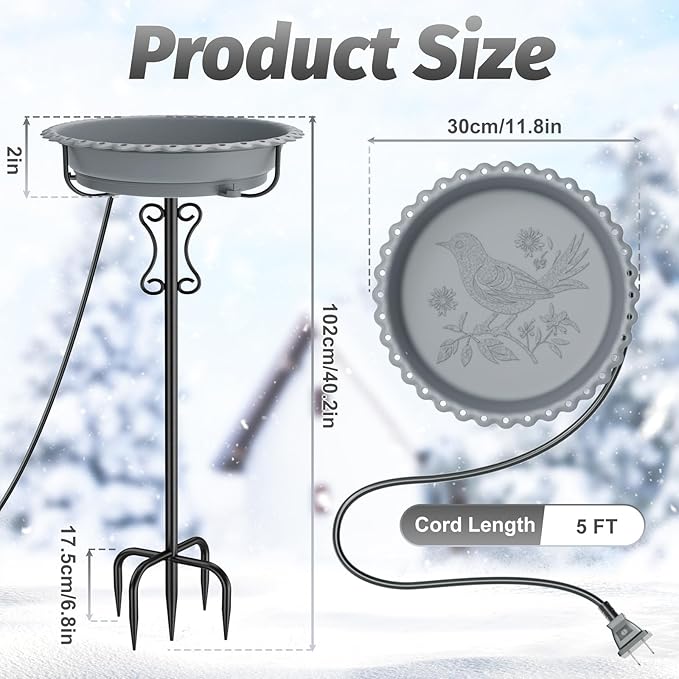 Heated Bird Bath for Outside Winter,100W Thermostat Control Birdbath Bowl with Metal 5-Prong Base,Freestanding Heated Bird Baths for Outdoors Garden Patio Yard Lawn (Gray)