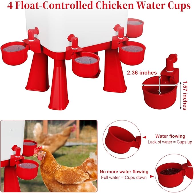 Chicken Waterer, 3 Gallons Automatic Chicken Waterers with 5ft Pipe, Float Controlled Automatic Poultry Water Feeder, 5 Chicken Waterer Cups (Red, 3 Gallons)