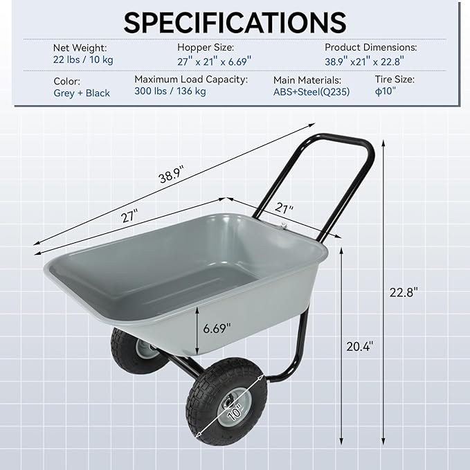 Dual Wheel Garden Wheelbarrow,Heavy Duty Yard Cart with 10“/15" Pneumatic Tires, Rustproof Poly Tray & Steel Handle, 300 lbs Capacity Utility Cart for Lawn, Farm, and Landscaping (Gray-10“)