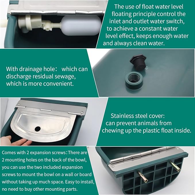Plastic Automatic Water Bowl with Stainless Steel lid, Livestock Waterer for Cattle Horse Goat Sheep Dog, Water Trough Bowl with Float Valve (No Pipe)