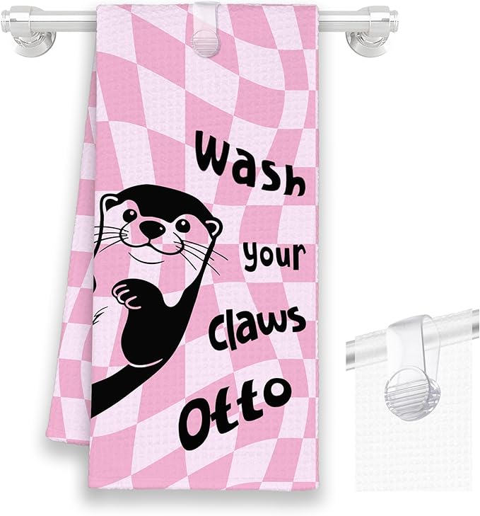 Cute Otter Pink Bathroom Kitchen Towels, Wash Your Claws Hand Towel for Girly Teens Room, Funny Gifts for Otter Lovers, Trendy Preppy Checkered Dish Towels Decor for Dorm Home 16x24in