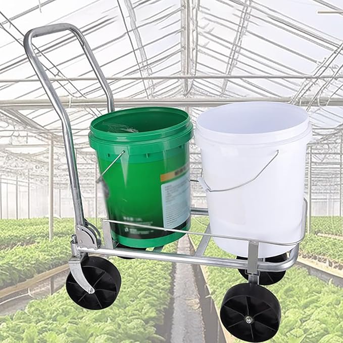 Pushable Utility Dual-Bucket Hand Truck for Farmland/Greenhouse, Galvanized Steel All-Terrain Hand Dollys with 7 Inch Large Wheels for Moving Farm Crop/Grocery