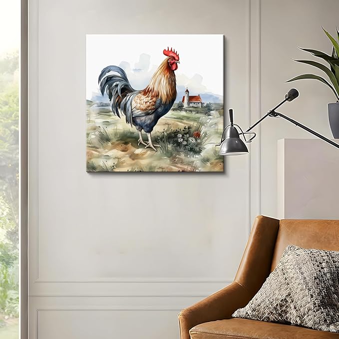 Framed Chicken Wall Art 16x16 Inch Rooster on Flower Stand Canvas Print Farmhouse Country Style Artwork for Kitchen Living Room Rustic Home Wall Decor (Rooster and farmhouse, 20L×20W)