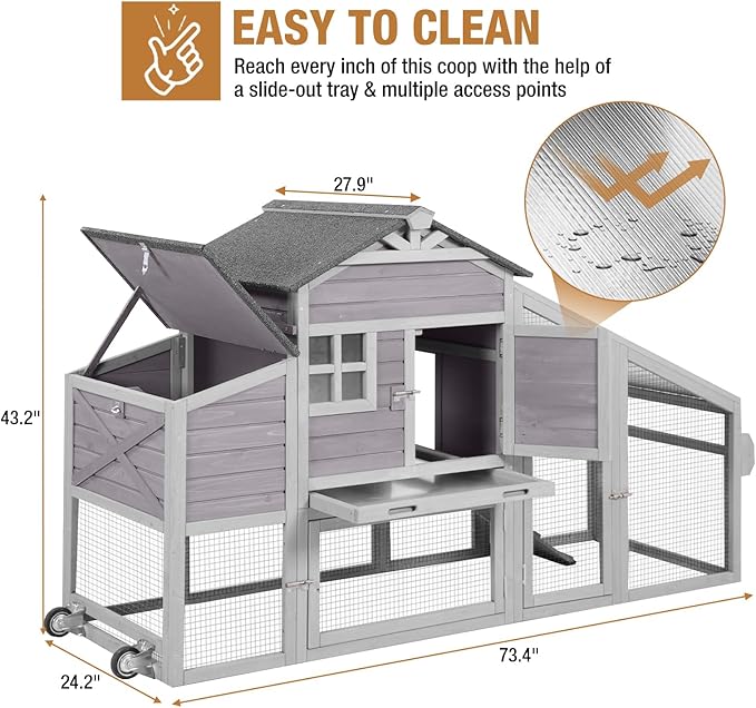 Large Chicken Coop for Outdoor with Nest Box and Removable Tray, Hen House Waterproof for 2-5 Chickens, Outdoor Poultry Cage with Wheels - Grey