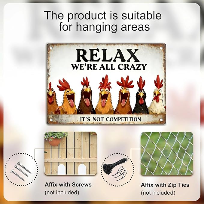 Funny Chicken Coop Signs - Vintage Sign Metal Tin “Relax We're All Crazy”For Chicken Lovers Gifts Outdoor Home Farm Chicken Wall Art Decor 8x12 Inch