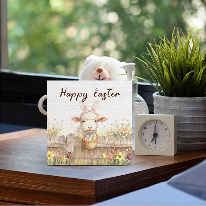 Happy Easter Lamb Wooden Box Sign Desk Decor, Spring Wildflower Easter Egg Farmhouse Sheep Wood Signs for Bedroom Home Office Desk Table Shelf Decorations, 5x5 Inch