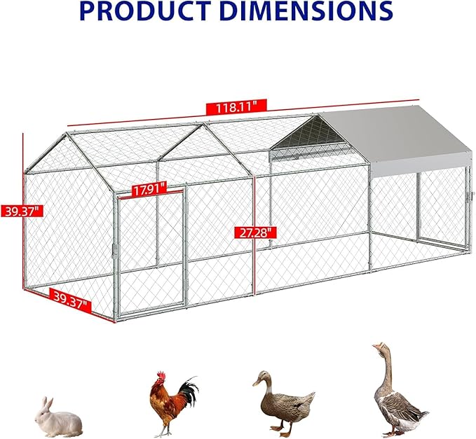 Large Metal Chicken Coop Run with Cover, 120"×40"×40" Portable Poultry Cage Walk in Hen House for Outdoor Chicken Rabbit Duck,Backyard Farm Animal Enclosure Crate Sliver